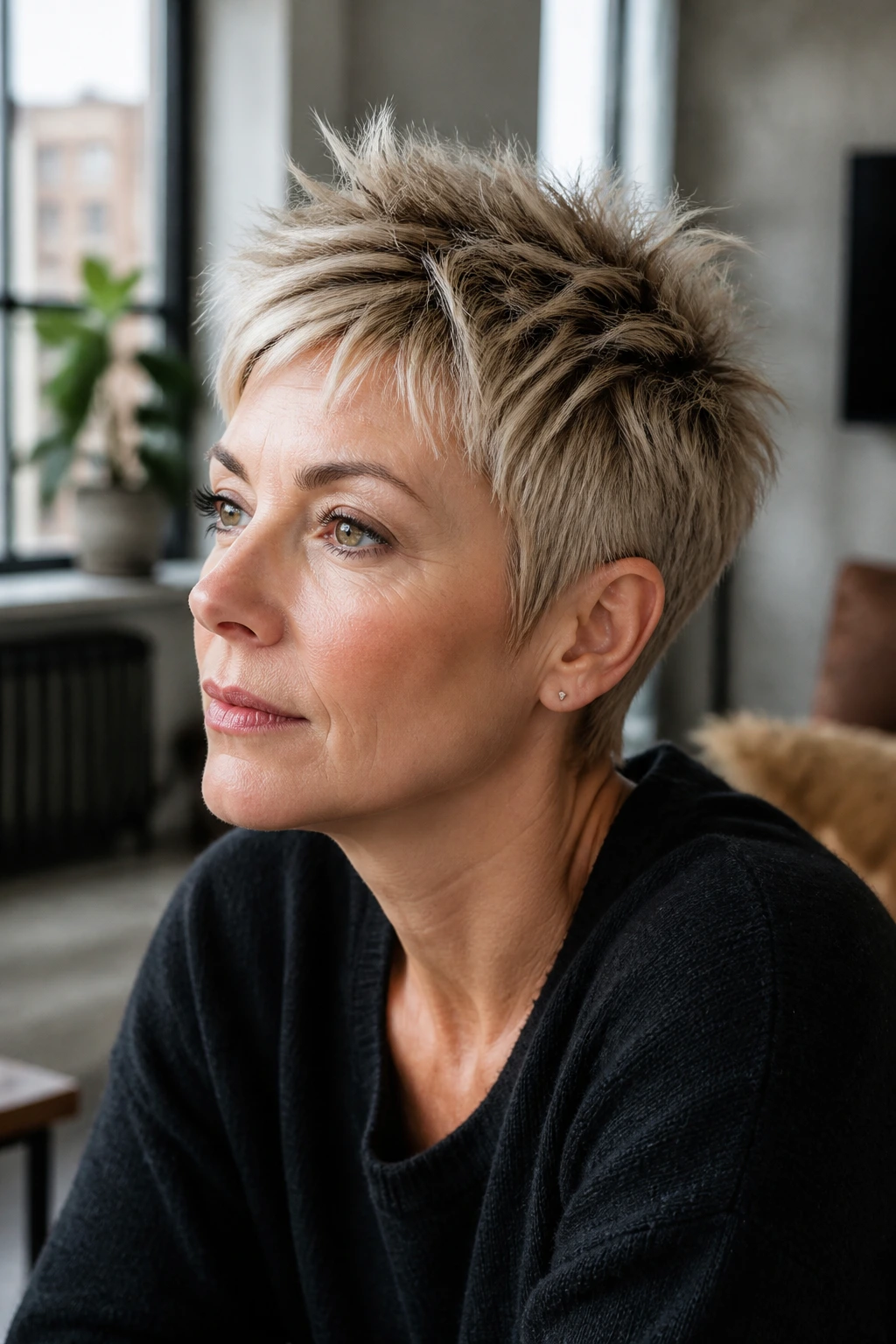 Close-up portrait of a real woman with a short, choppy pixie hairstyle featuring spikes and texture in natural light.