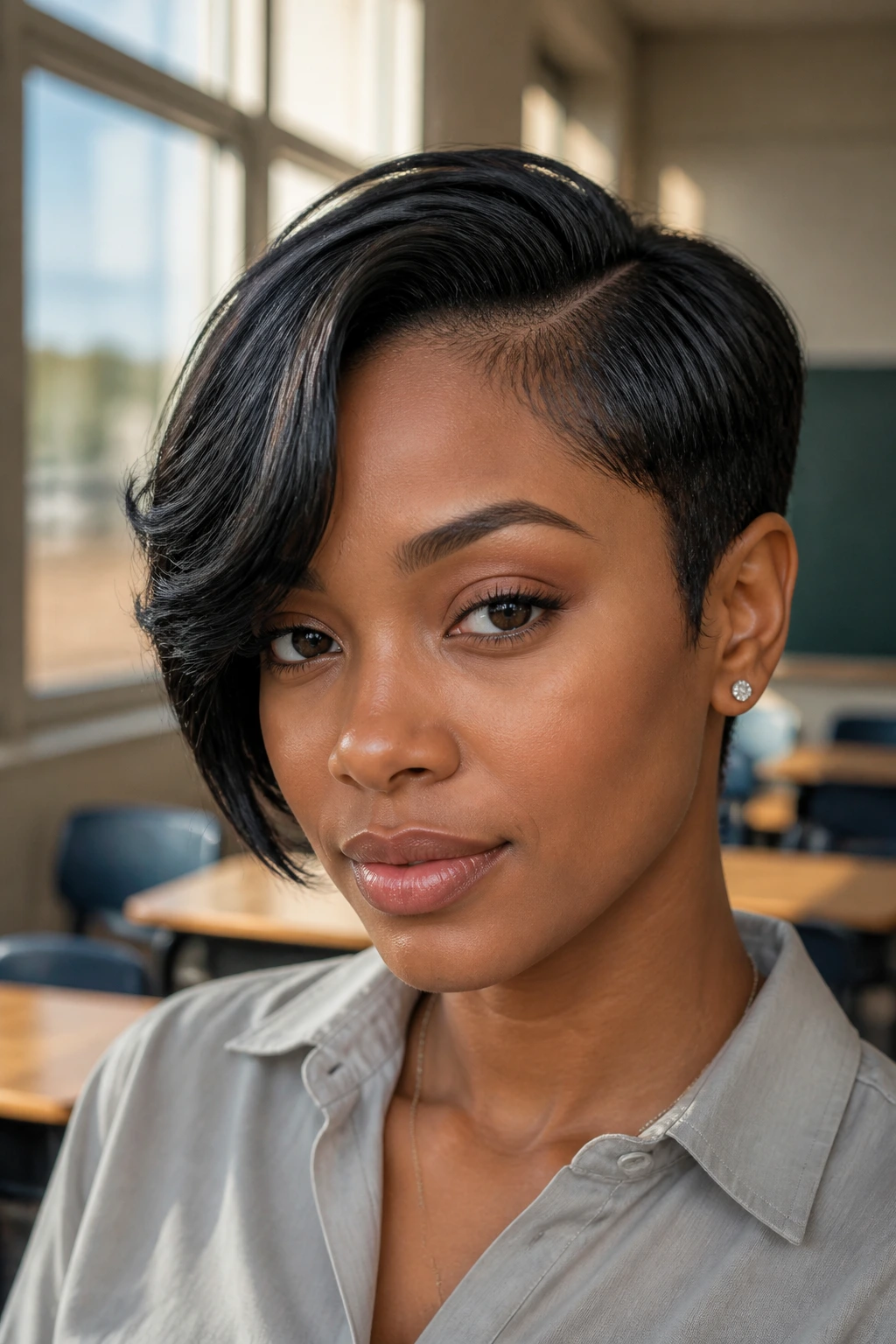 Close-up of a real woman with a deep-part asymmetrical pixie hairstyle in a sunlit classroom.