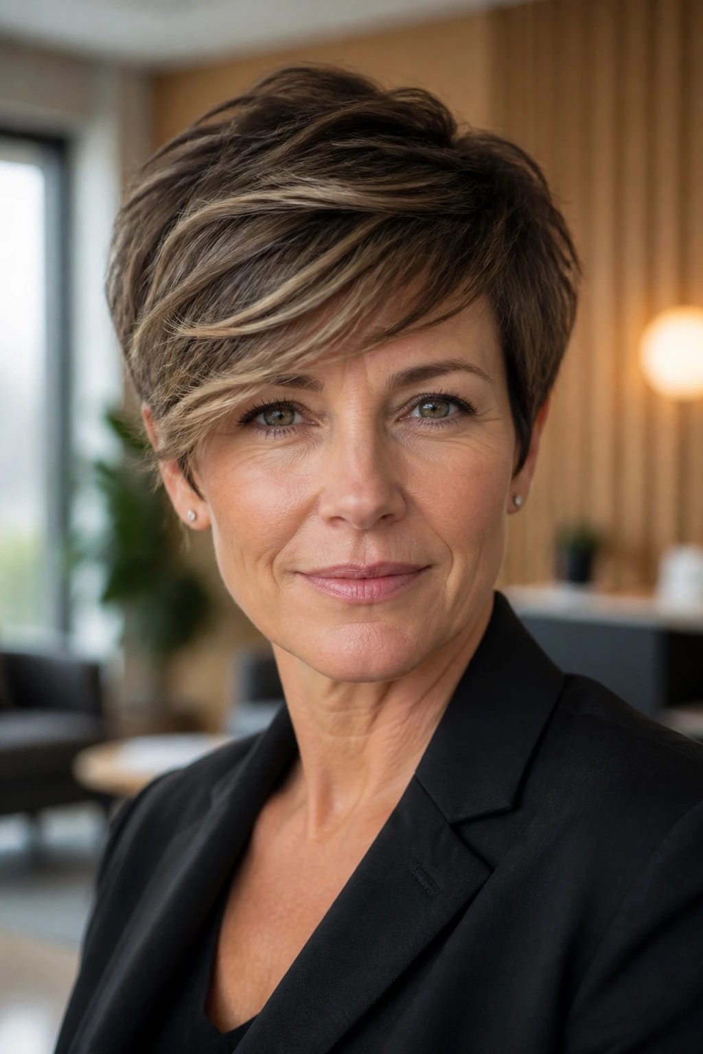 Close-up of a person with layered pixie and longer fringe in modern office setting.