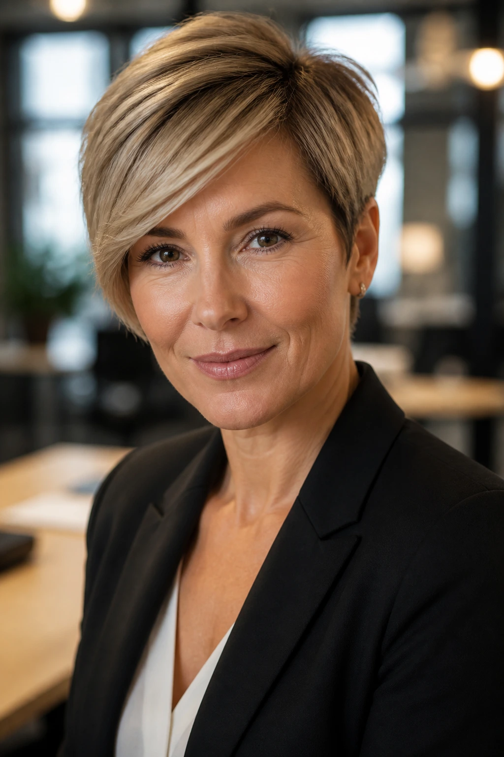 Portrait of a woman with a side-parted pixie hairstyle in an office setting