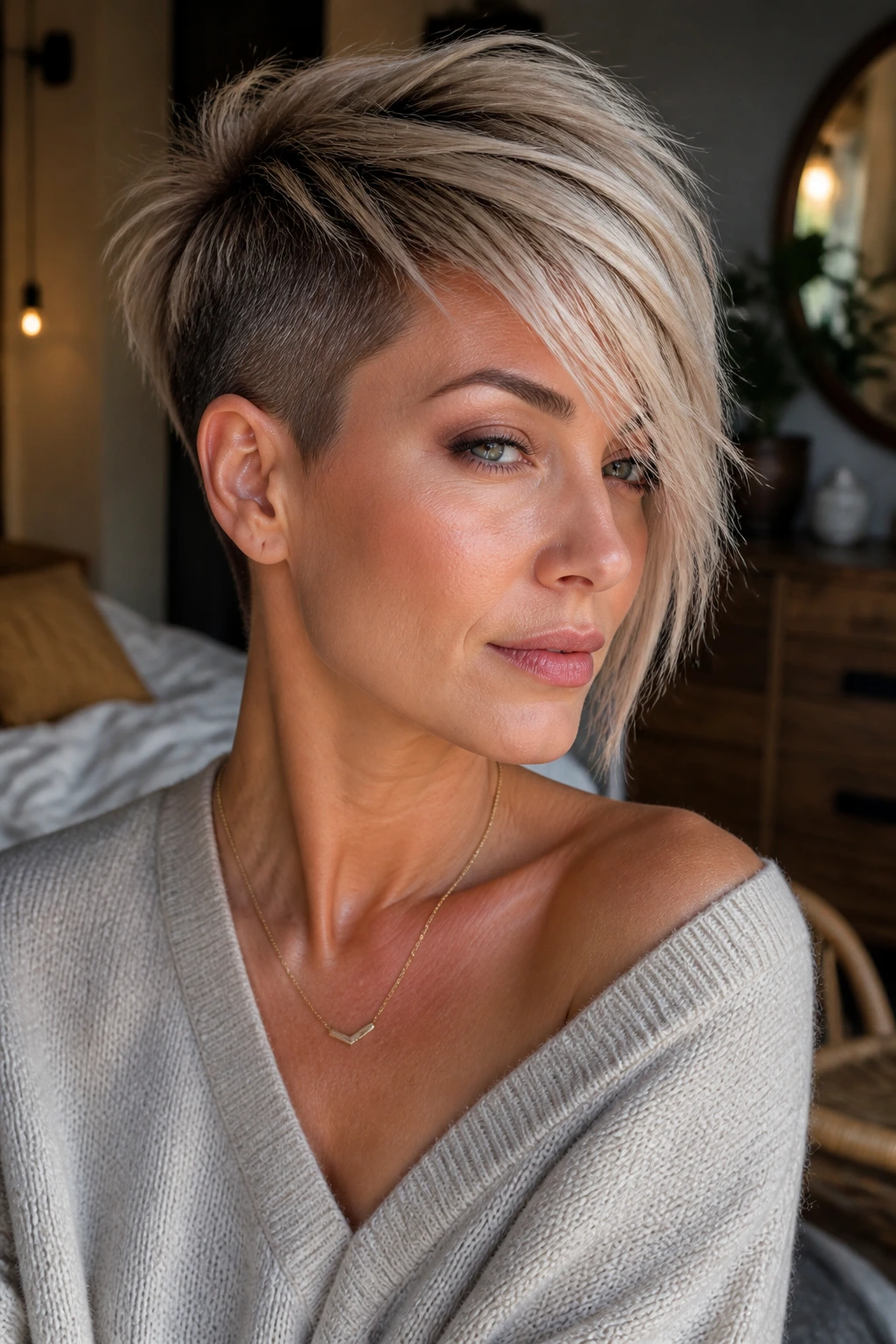 Close-up portrait of a woman with a textured pixie and long side-swept bangs in warm window light