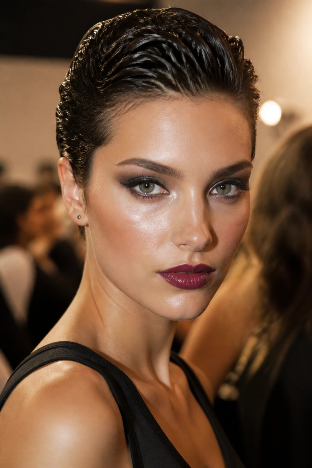 Close-up portrait of a real woman with slicked-back pixie and glossy finish
