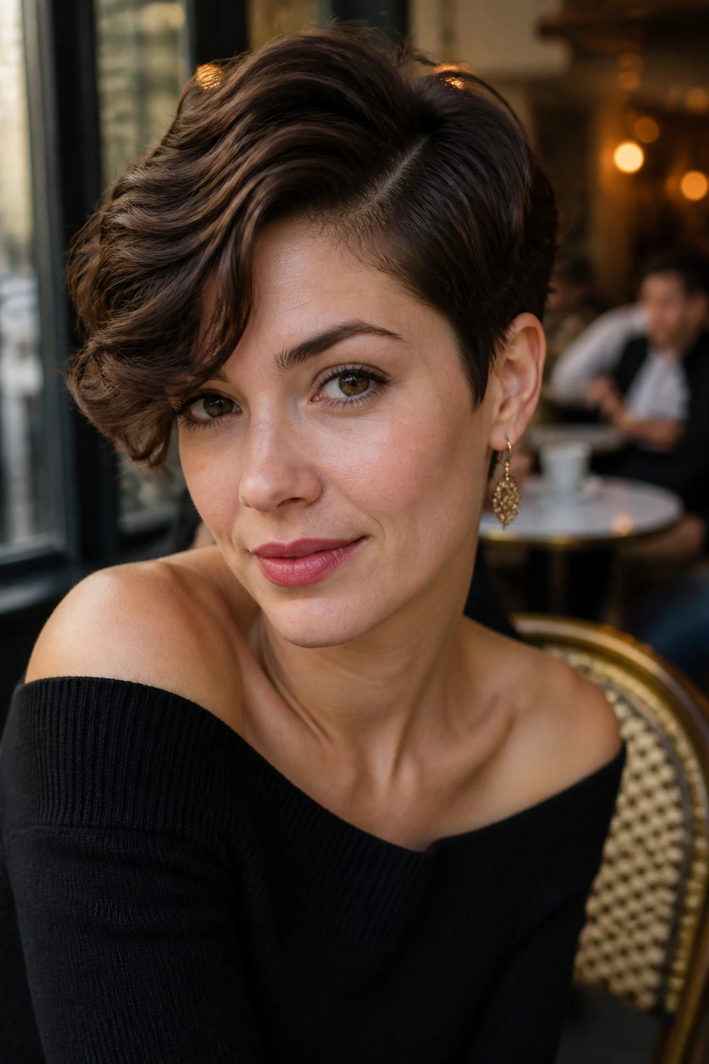 Close-up of a real woman with a deep-parted wavy pixie in Parisian cafe light