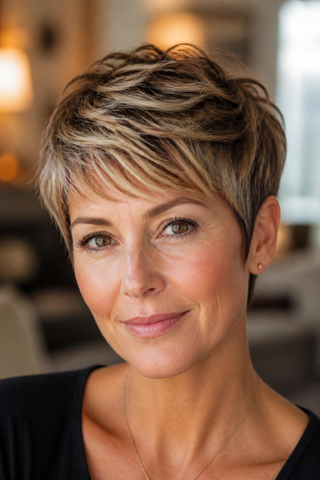Close-up portrait of a real woman with sun-kissed pixie highlights on top layers