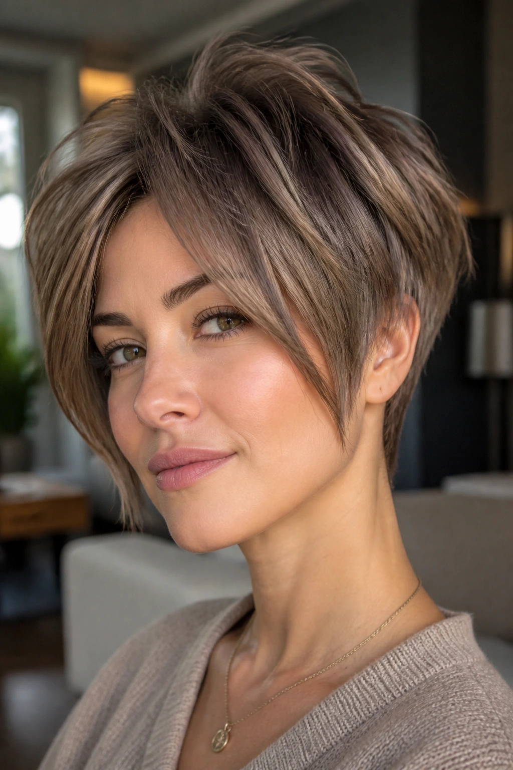 Close-up portrait of a woman with a pixie-inverted hybrid hairstyle