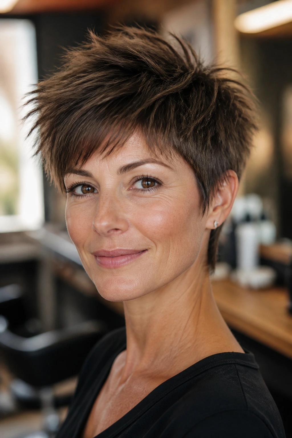 Close-up portrait of a real woman with a textured pixie cut featuring choppy layers for added volume