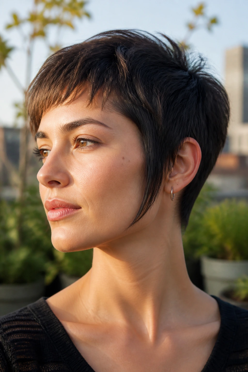 Portrait of a real person with pixie cut and long sideburns in outdoor setting