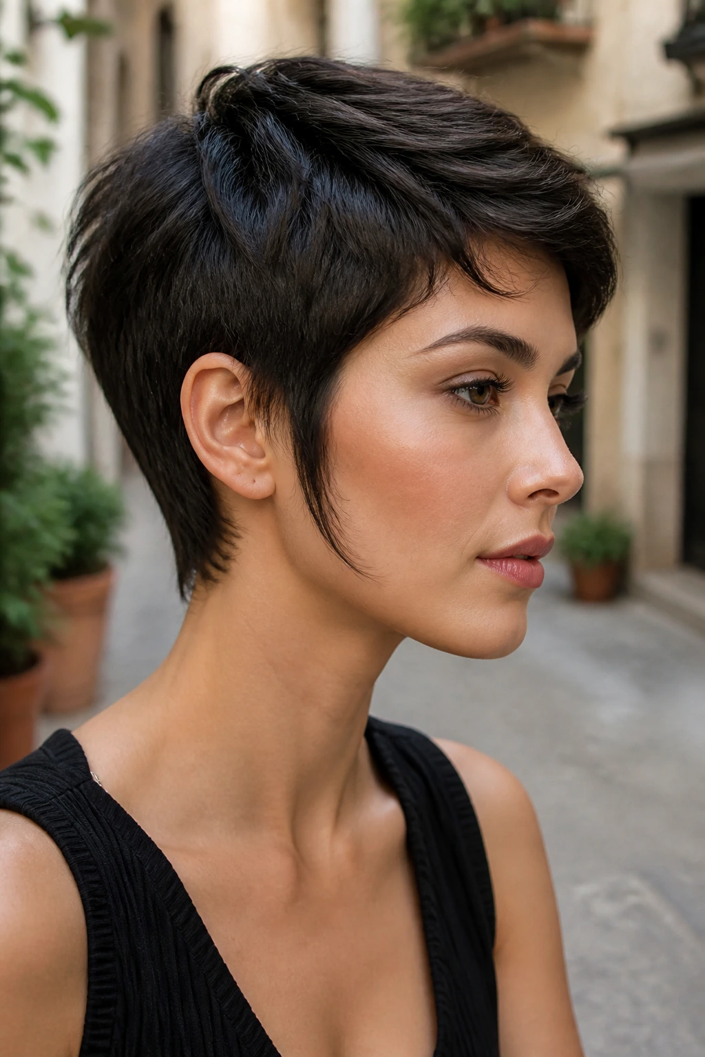 Medium close-up of a real person with long tapered pixie sideburns in natural light