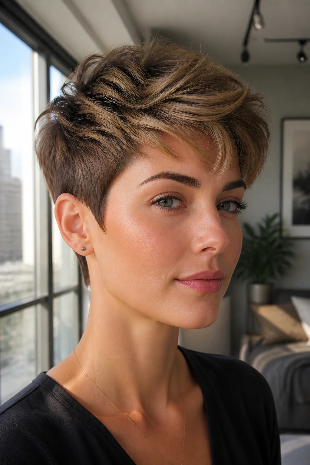 Close-up portrait of a real woman with a modern pixie and longer top