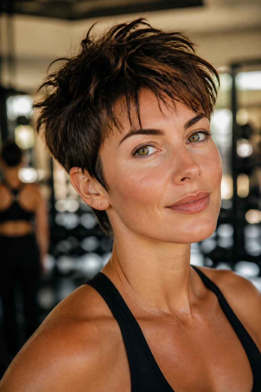 Close-up portrait of a real woman with a shaken-out pixie using matte clay