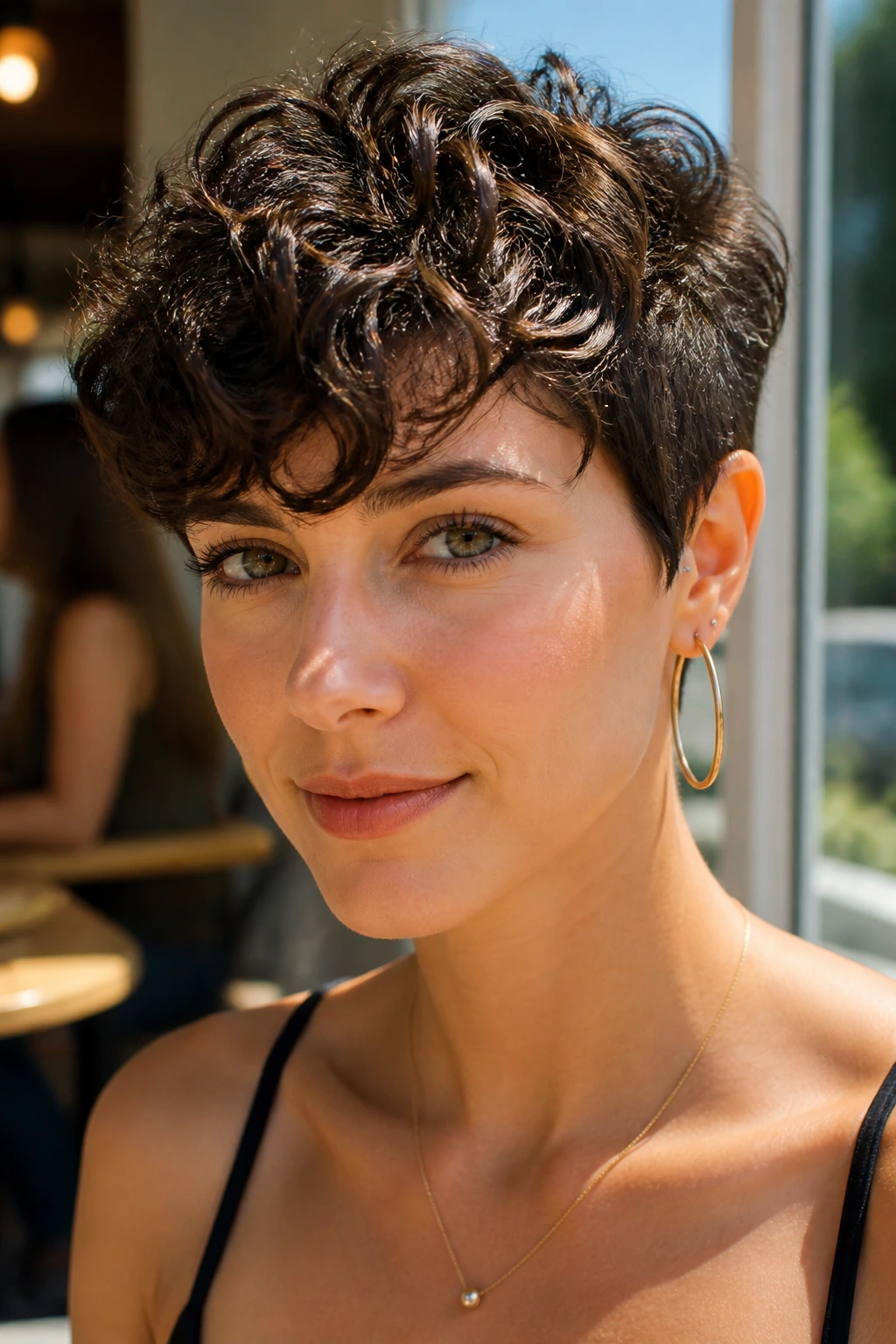 Close-up of pixie-cut with messy curly bangs on a real woman