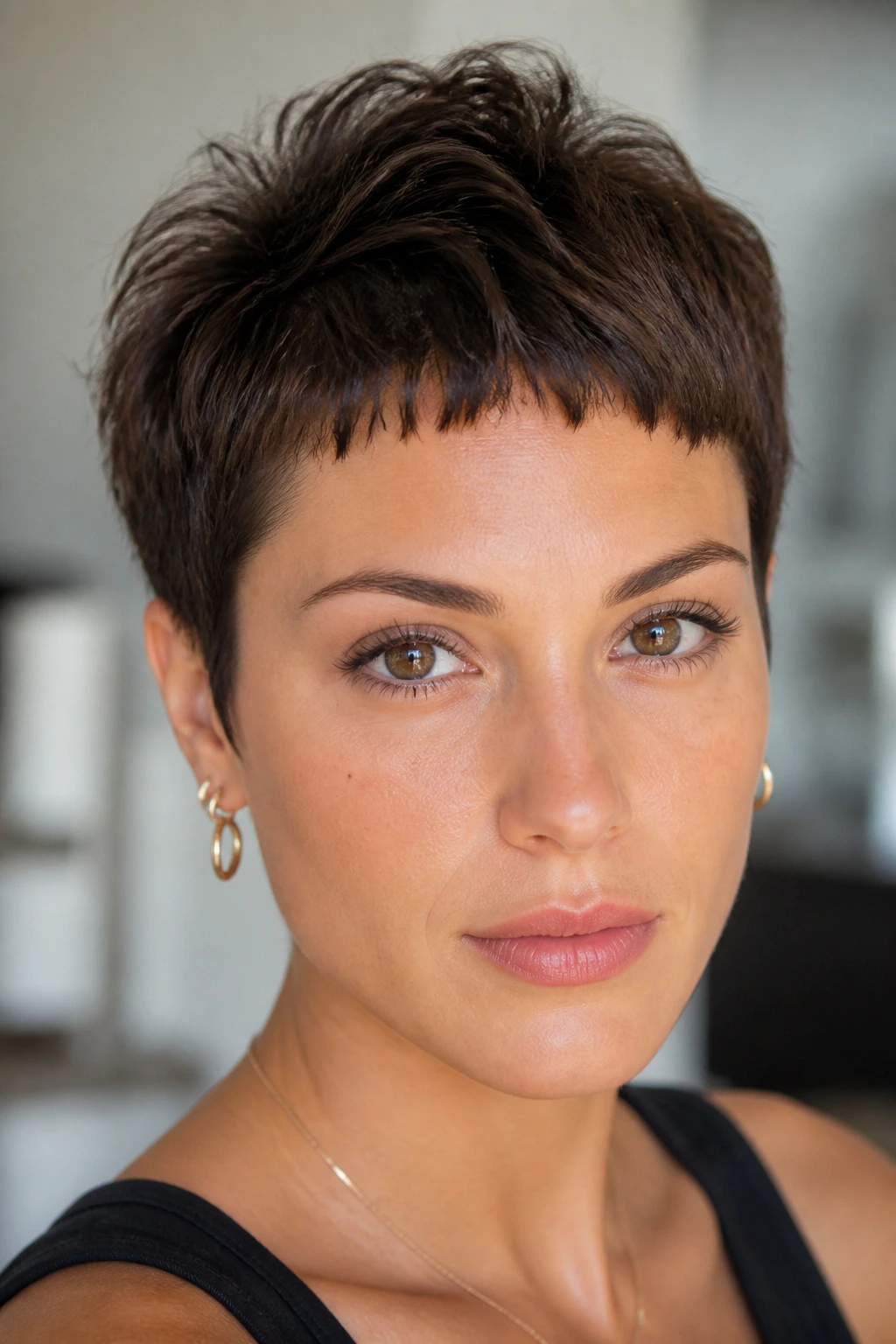 Close-up portrait of a woman with a micro fringe.