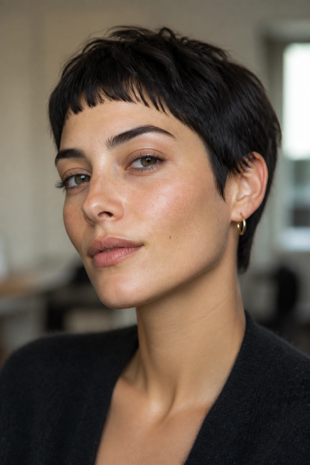 Close-up portrait of a woman with textured pixie micro bangs in natural light