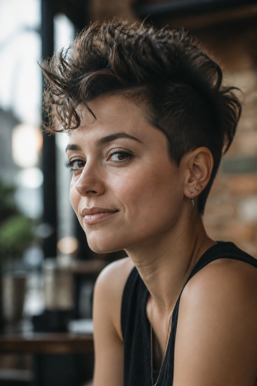 Close-up of a person with a pixie-mohawk hybrid in an urban cafe setting.