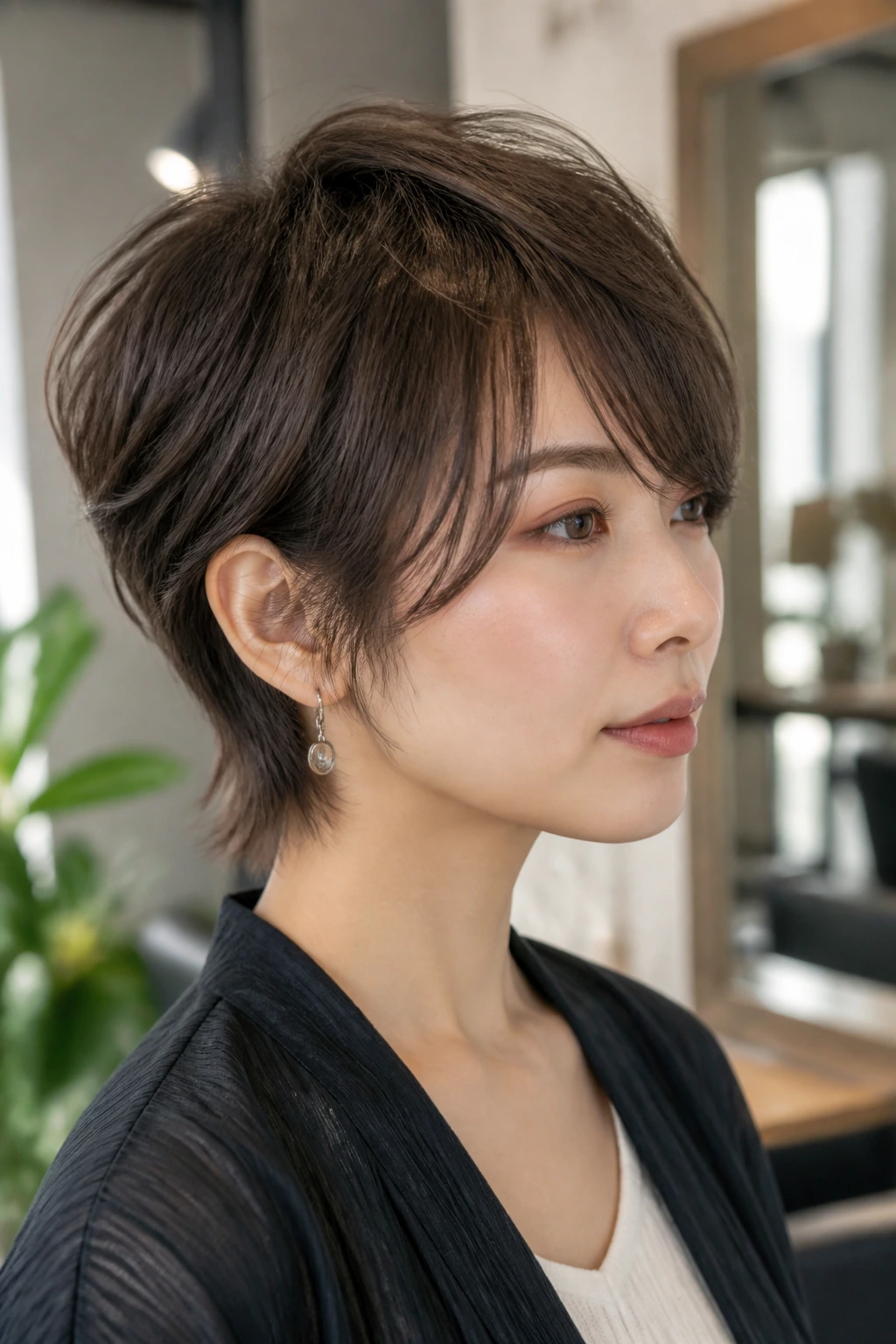 Portrait of a woman with airy pixie mull and side-swept fringe