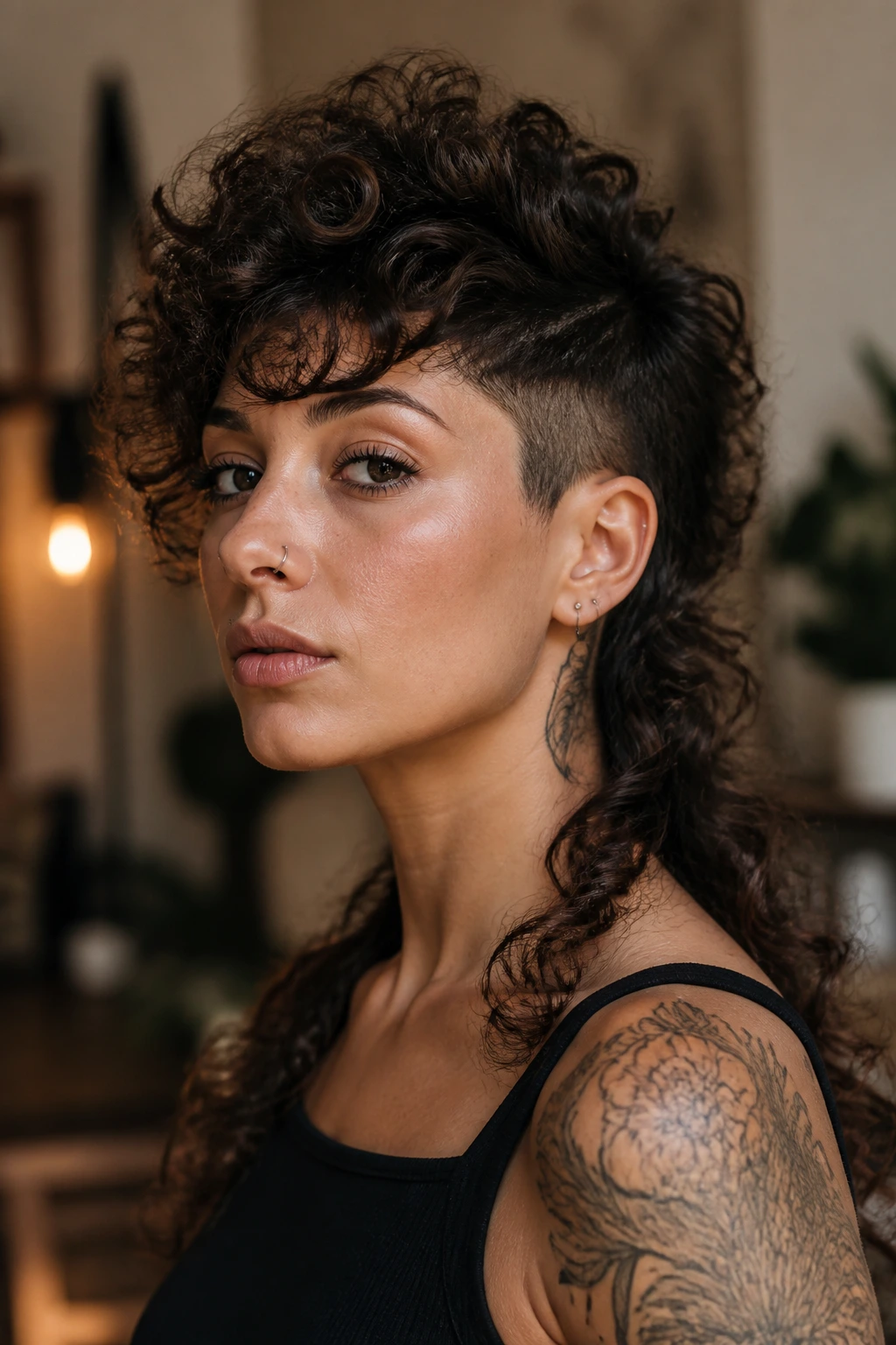 Real person with asymmetrical pixie-mullet: buzzed side, dramatic fringe, long curly tail.