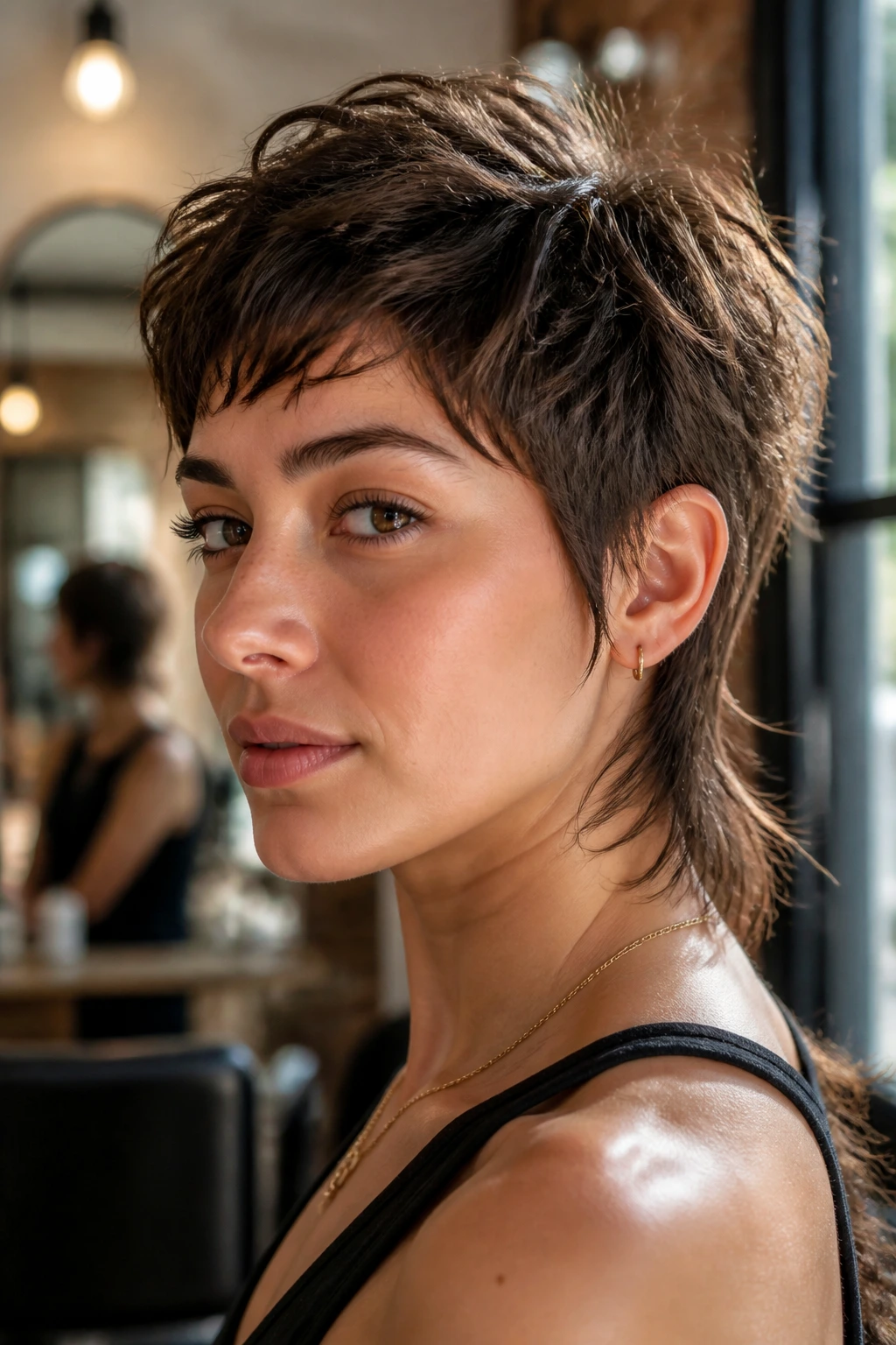 Close-up portrait of a real woman with pixie mullet hairstyle showing short crown and textured back.