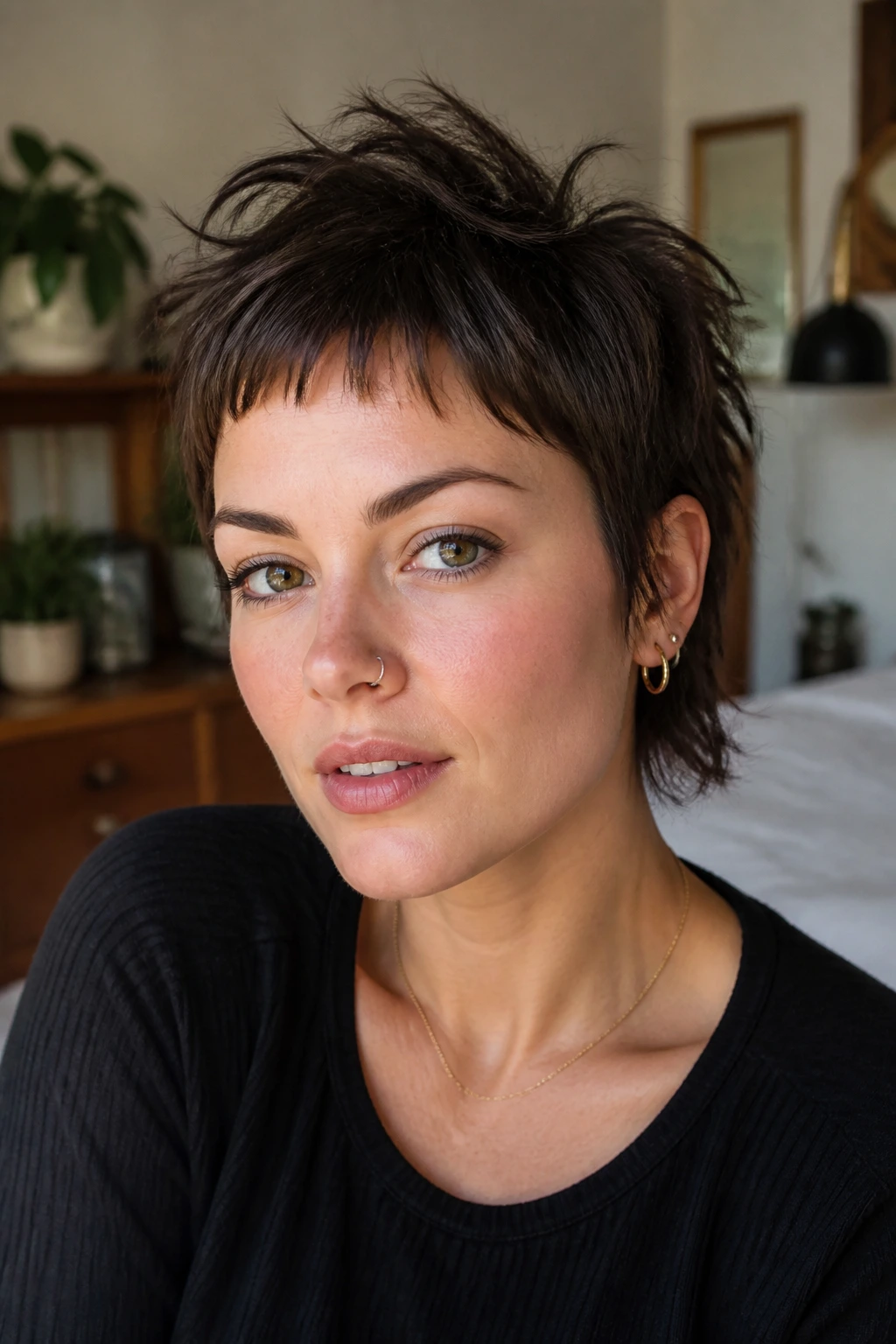 Close-up portrait of a real woman with deconstructed pixie shag and baby bangs under natural window light.