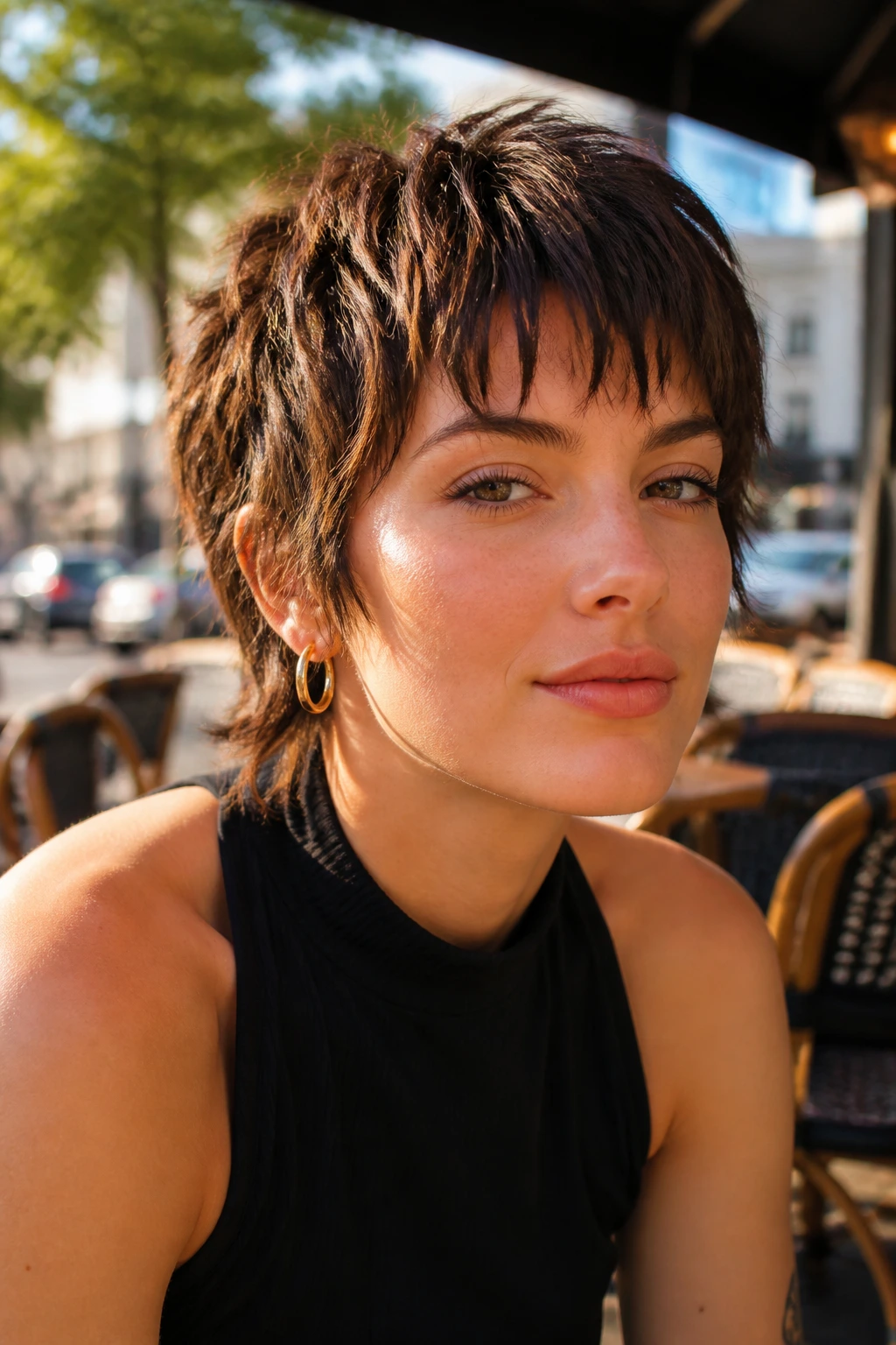 Real person with pixie shag and razored bangs at a sunlit cafe
