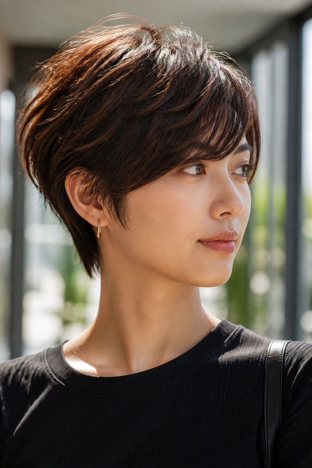 Close-up of a real woman with pixie shag and side-swept fringe