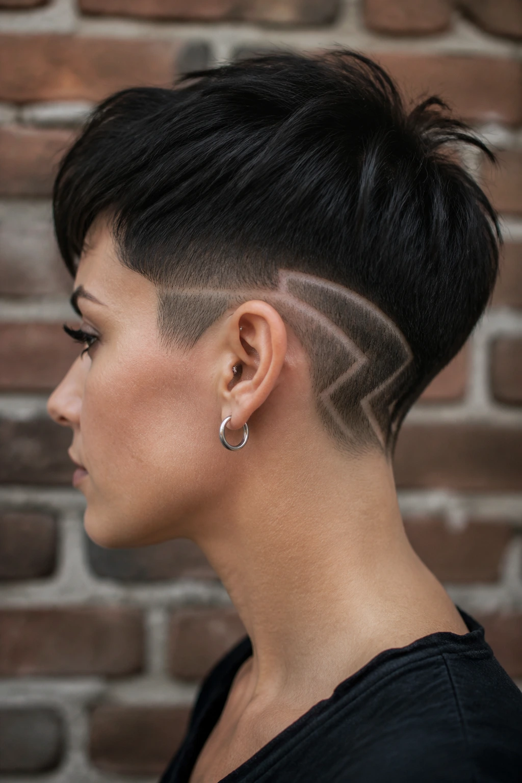 Side profile of a real person with shaved design pixie