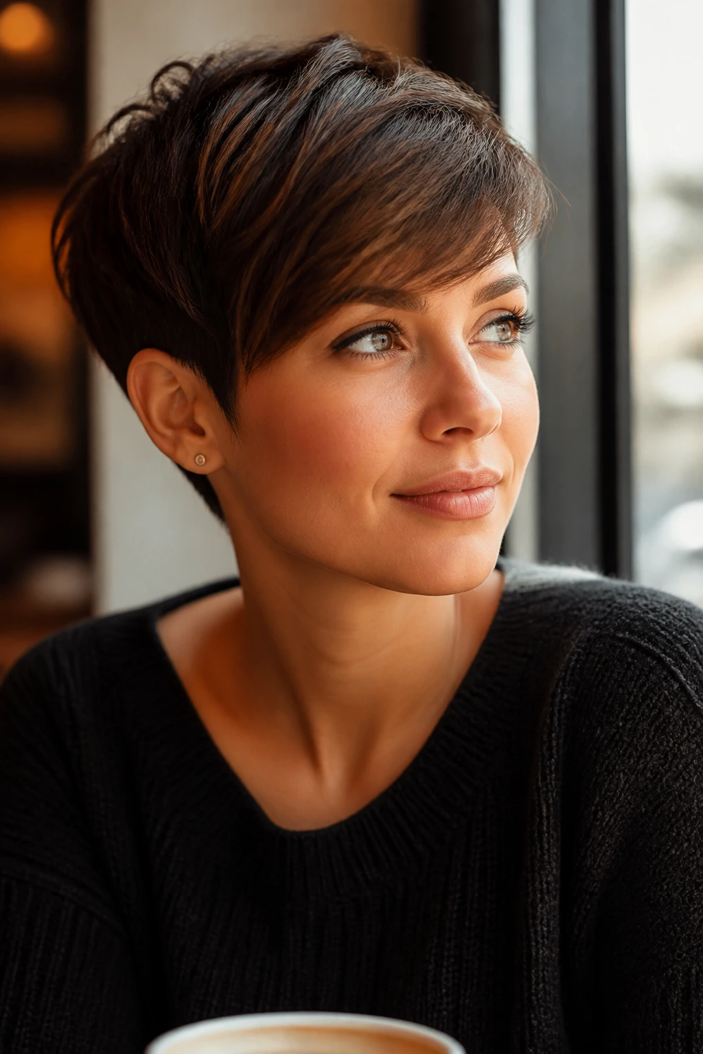 Close-up portrait of a real person with a classic pixie and side-swept bangs.