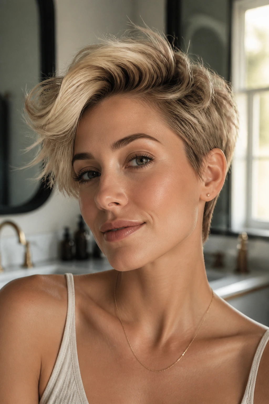 Close-up of a real woman with a tousled pixie swept to the side in a chic bathroom.
