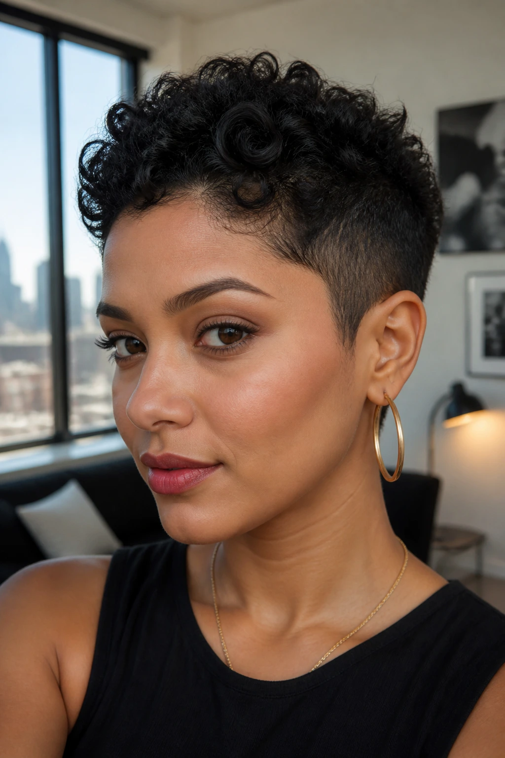 Portrait of a real person with a short curly pixie and tapered sides in daylight