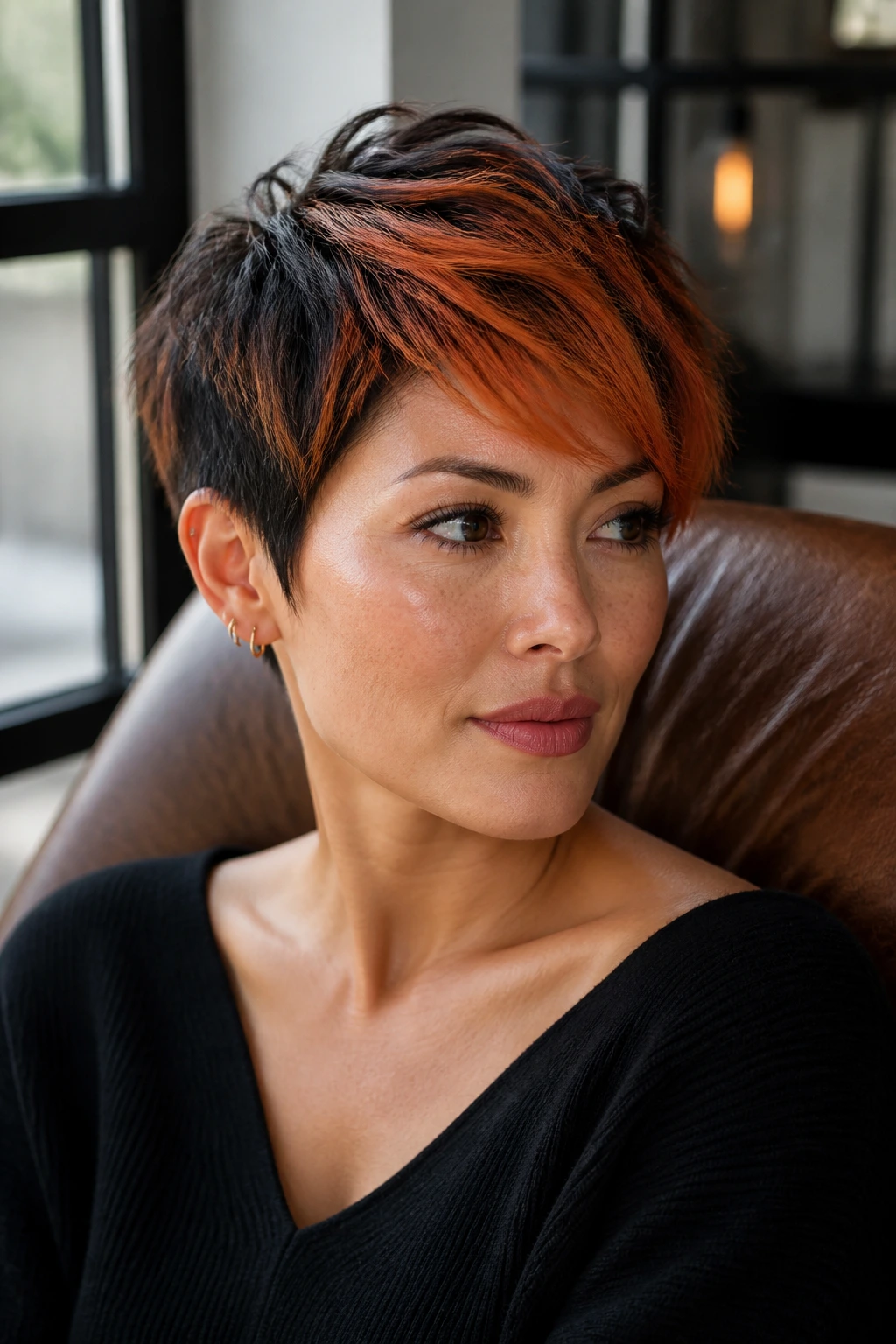 Close-up of a real person with choppy pixie and terracotta side-swept bangs
