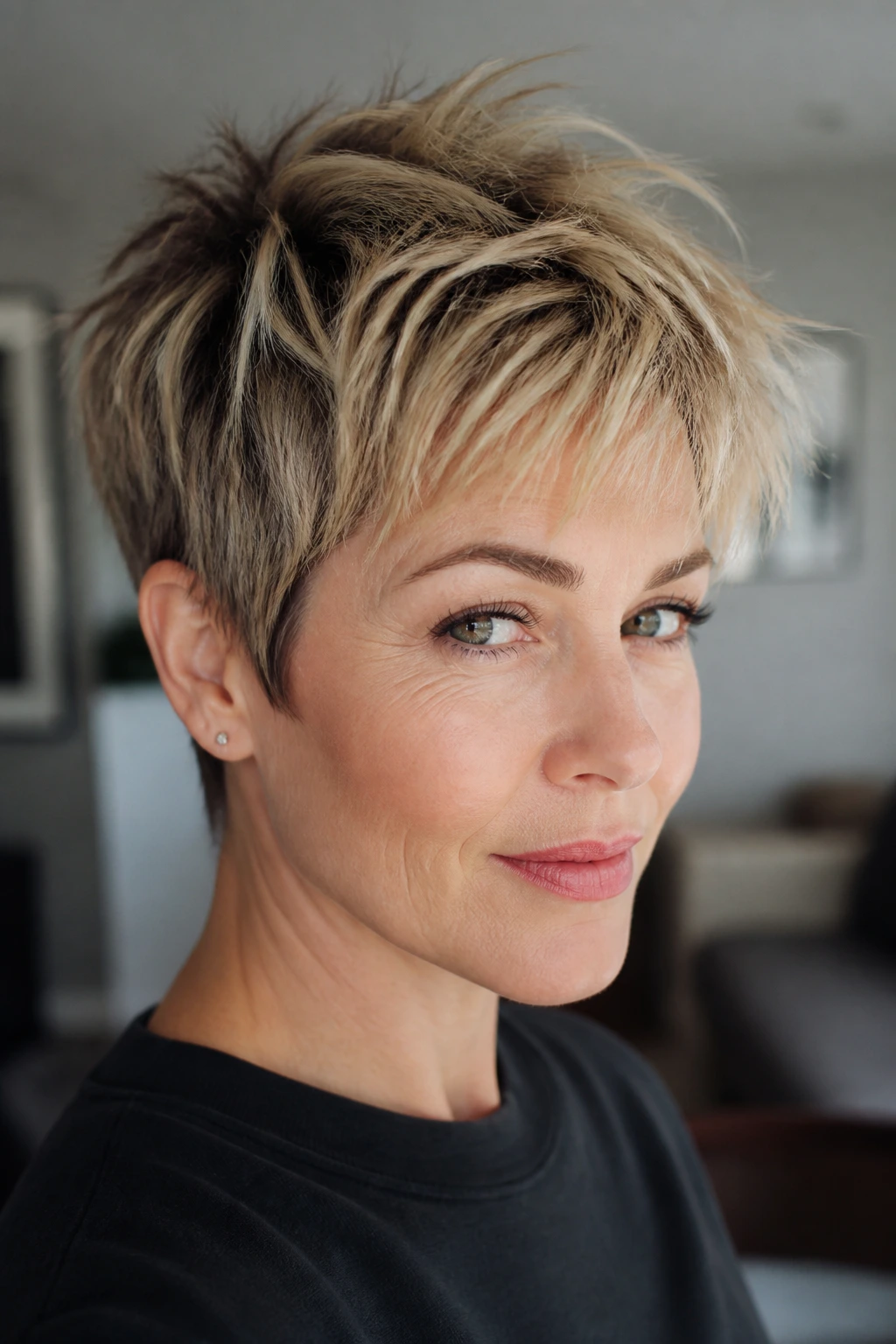 Close-up of a real woman with a choppy pixie haircut and piecey texture