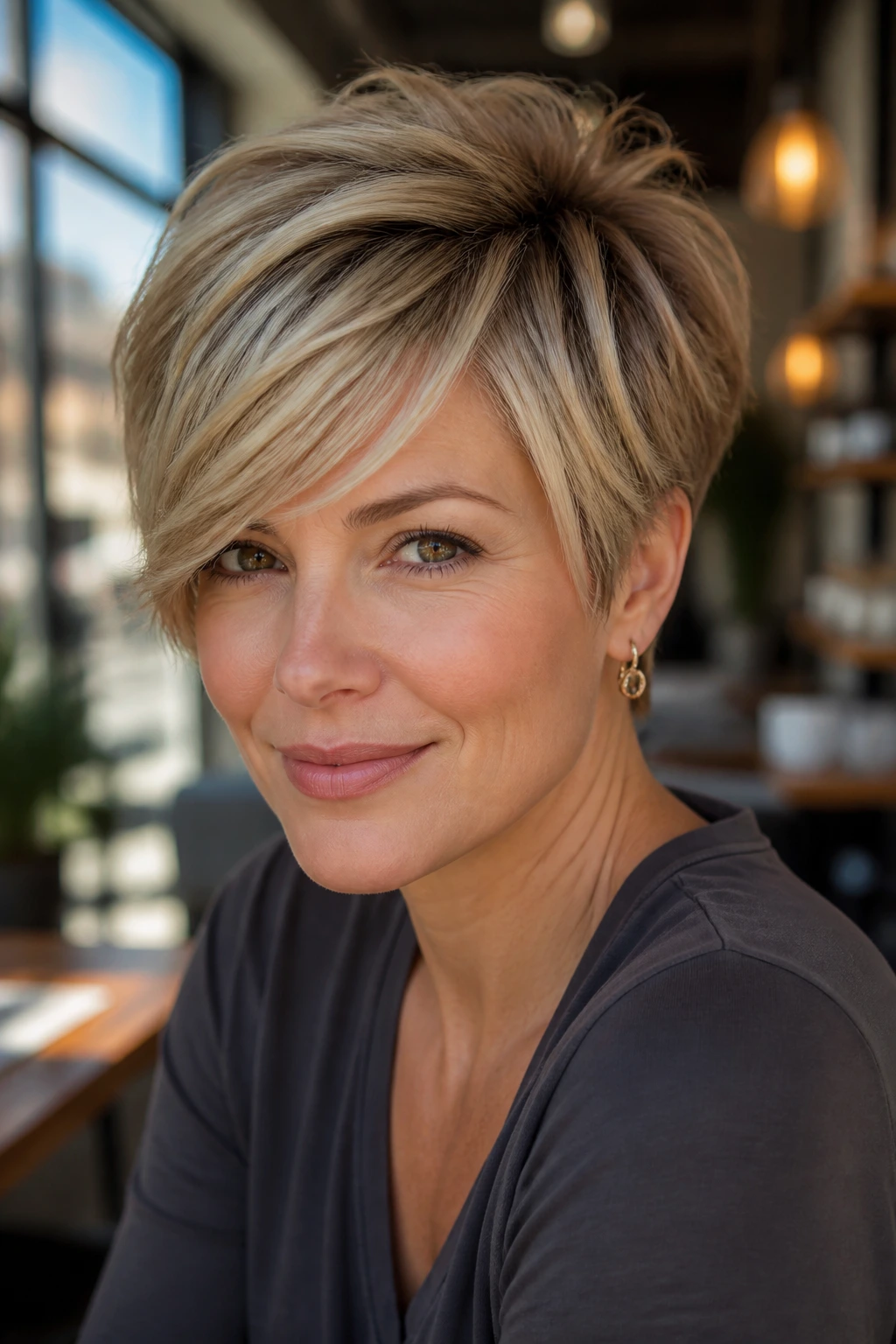 Close-up of a real woman with a textured pixie and side-swept bangs.
