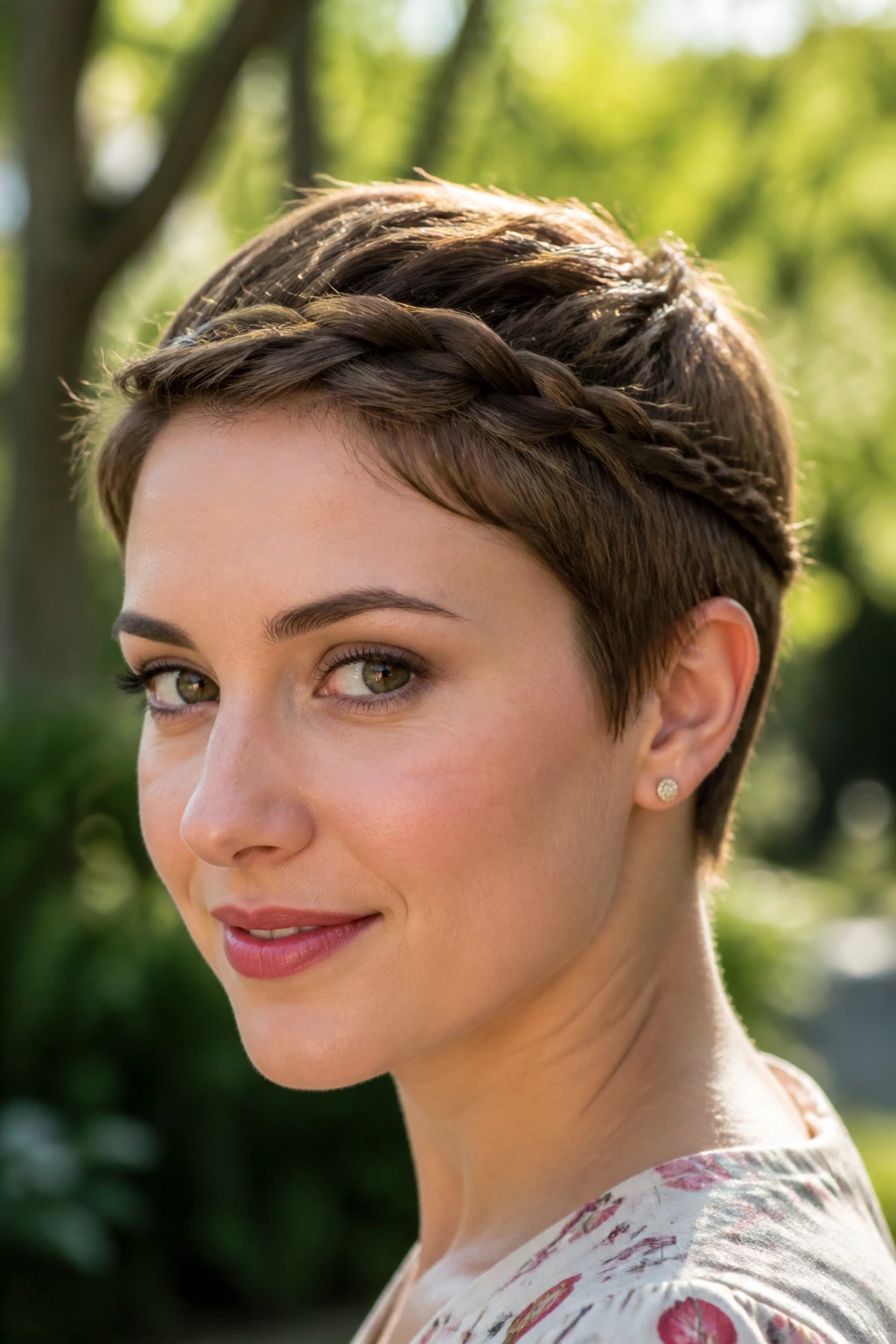 Close-up of a pixie-cut woman with a twisted halo around the crown