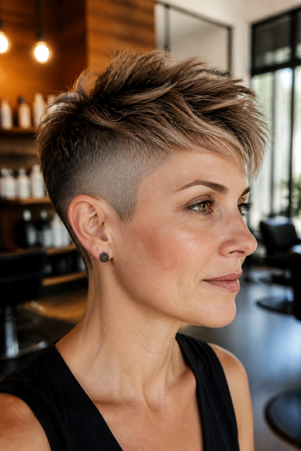 Portrait of a real woman with a choppy pixie undercut hair