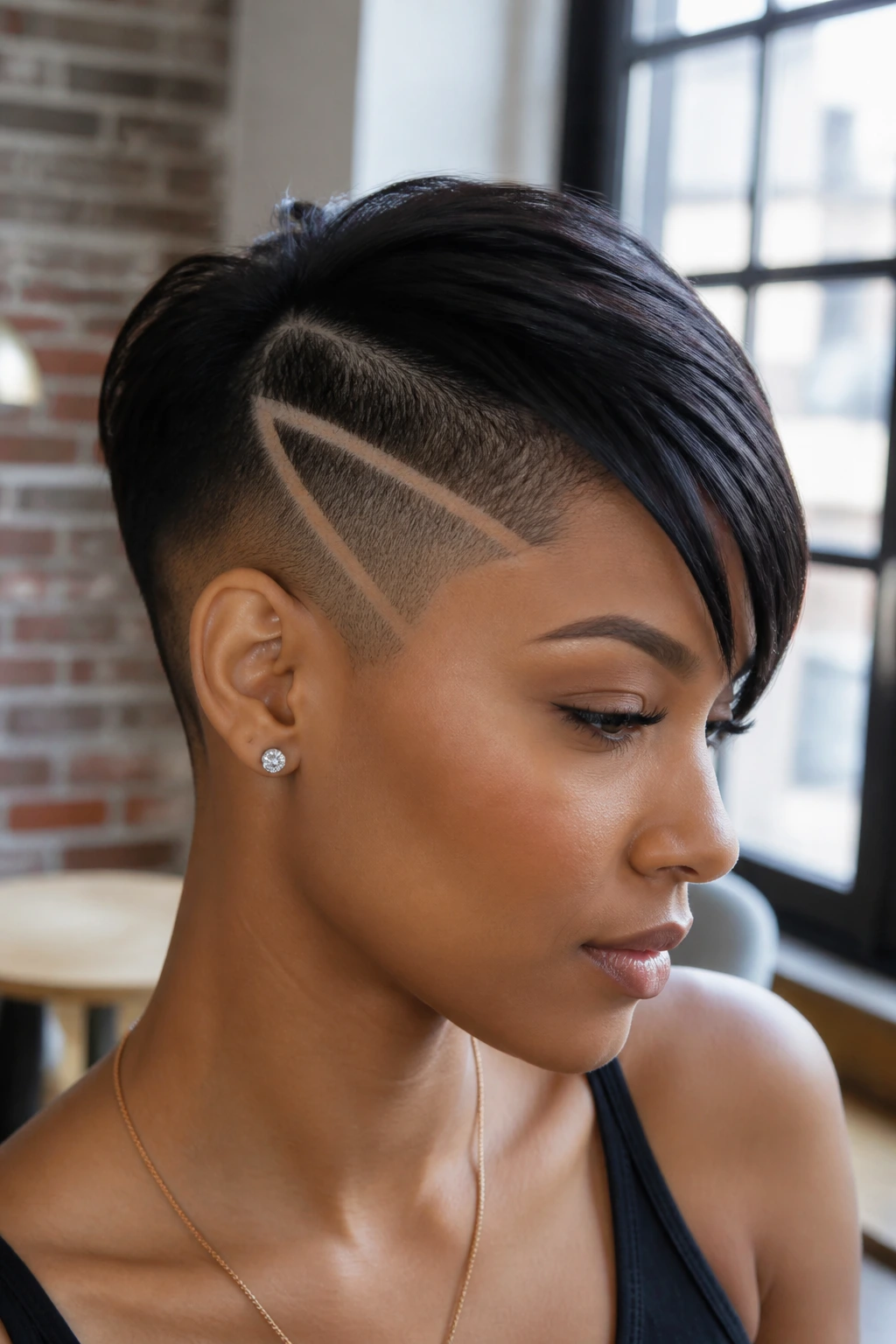 Close-up of a real person with pixie undercut featuring geometric lines