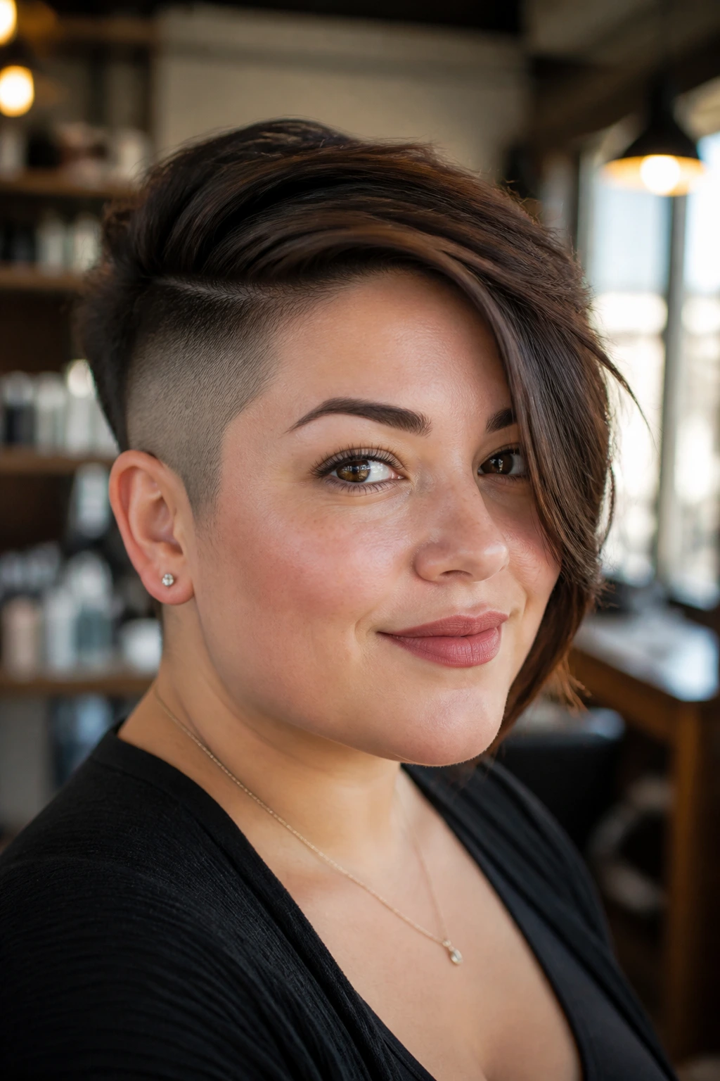 Close-up portrait of a real woman with a side-swept pixie undercut in a chic salon setting.