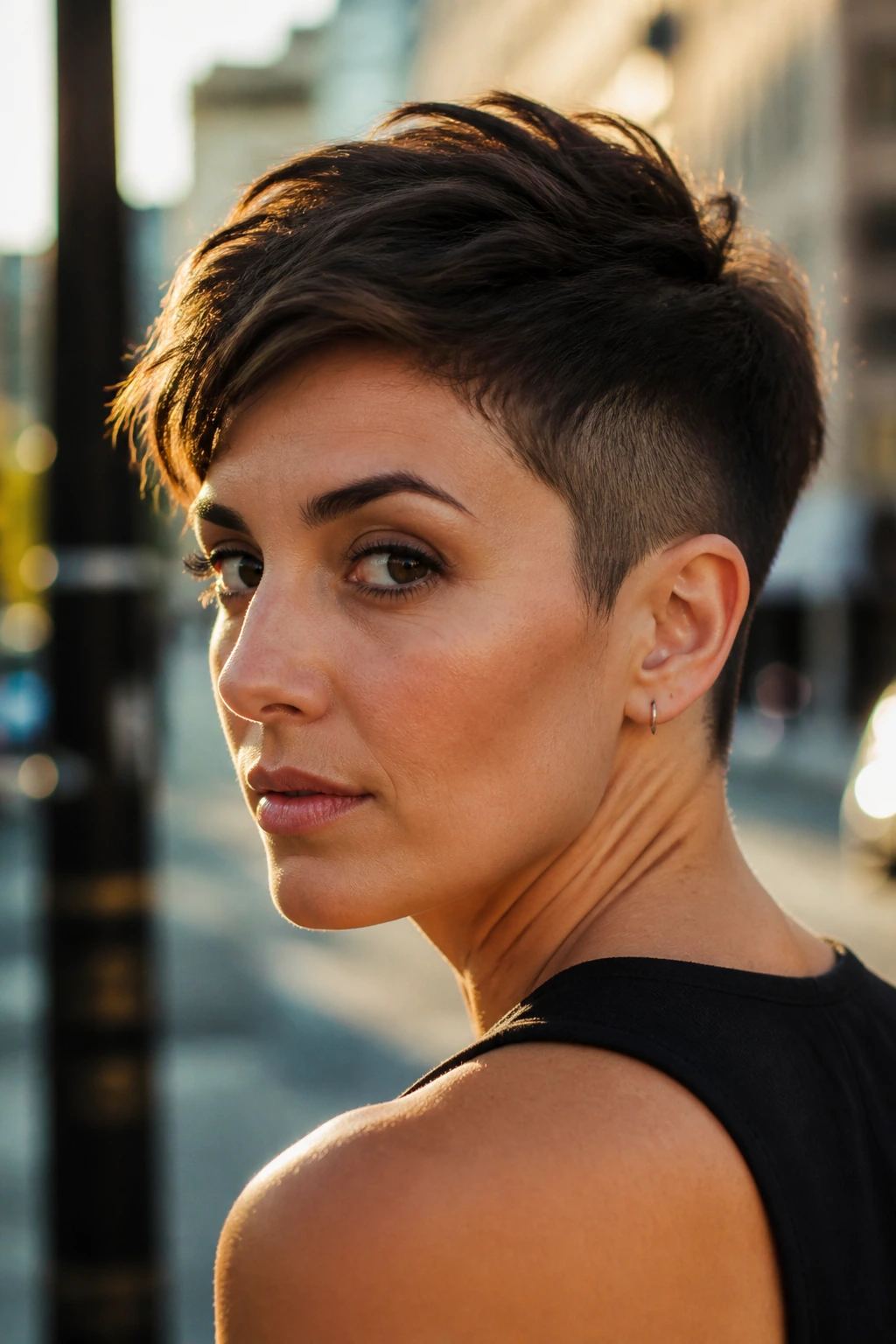 Close-up of a woman with pixie with undercut hairstyle.