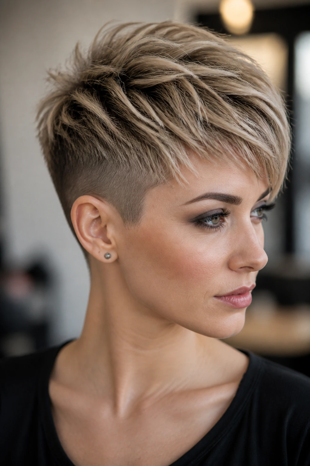 Real person with choppy pixie and undercut sides, close-up