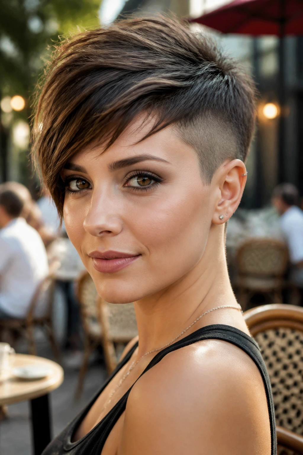 Portrait of a woman with pixie undercut and side-swept top at a cafe