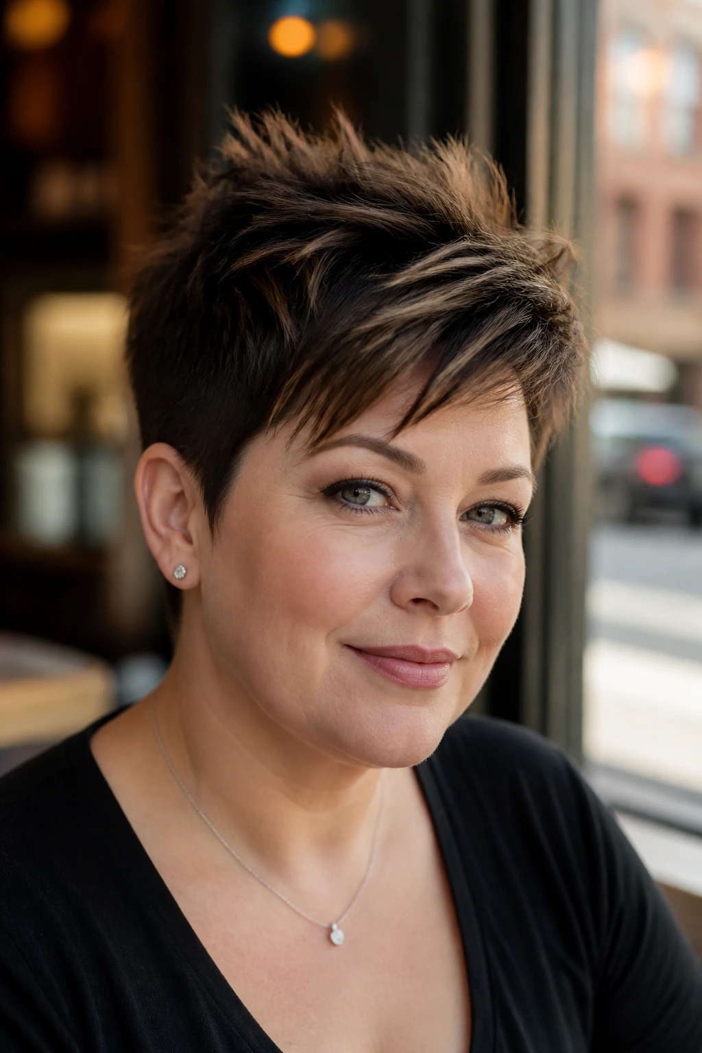 Close-up portrait of a real woman with a choppy pixie and voluminous top, enhancing facial elongation.