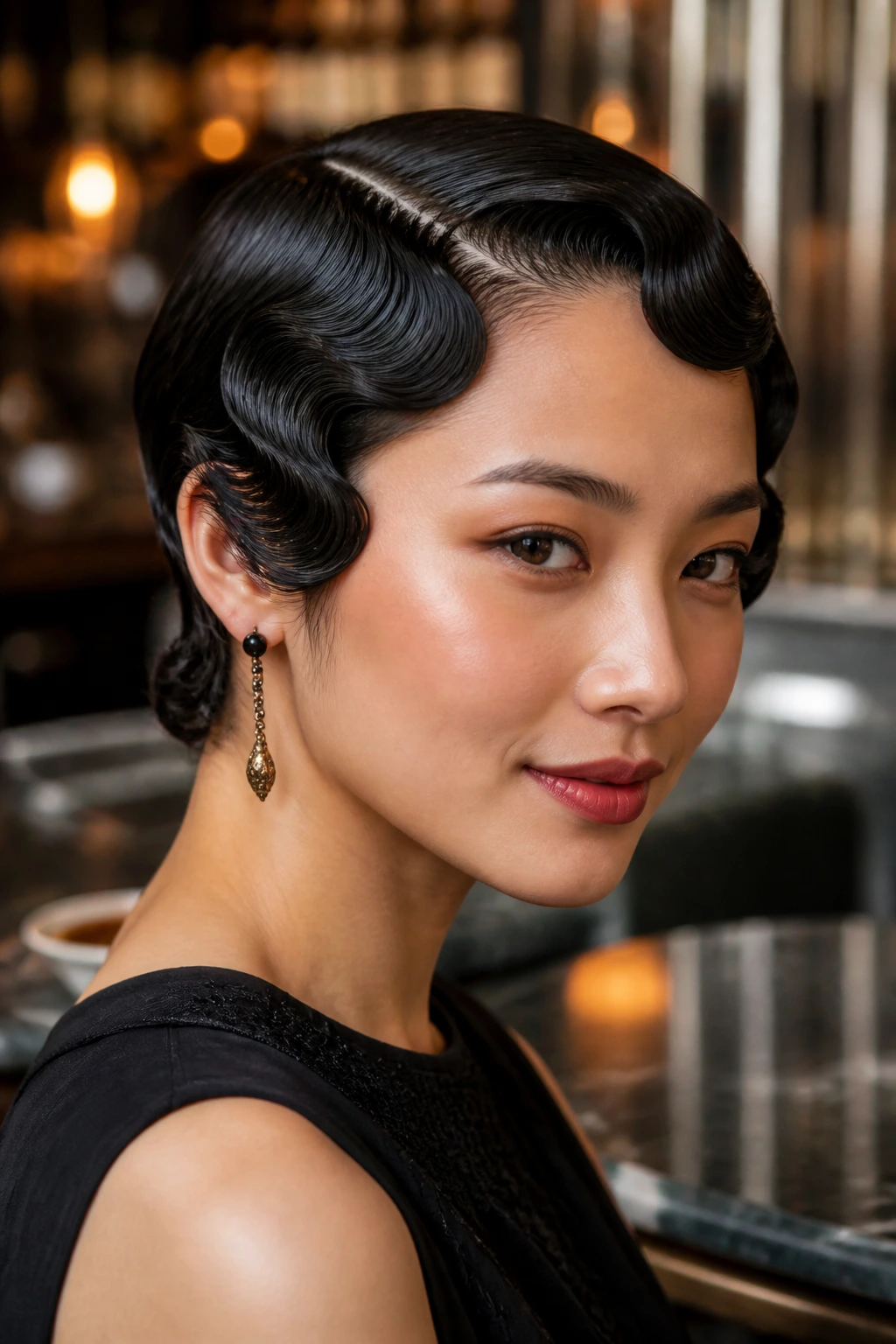 Close-up of a real woman with sleek Gatsby pixie wave hairstyle.