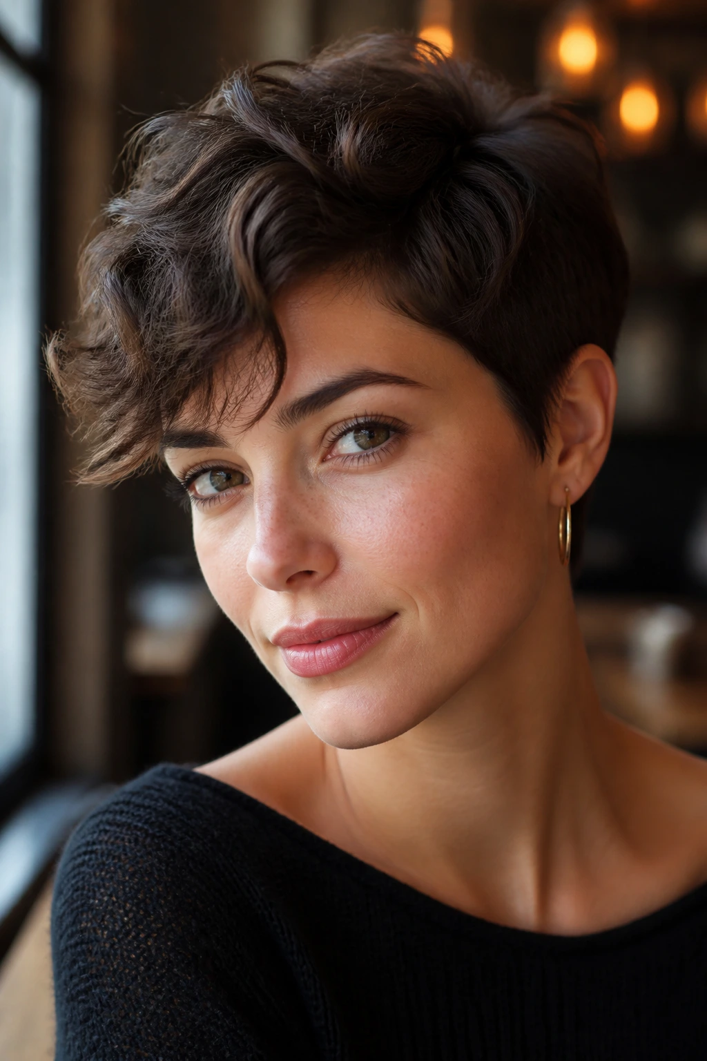 Close-up of a real person with a textured pixie and soft waves.