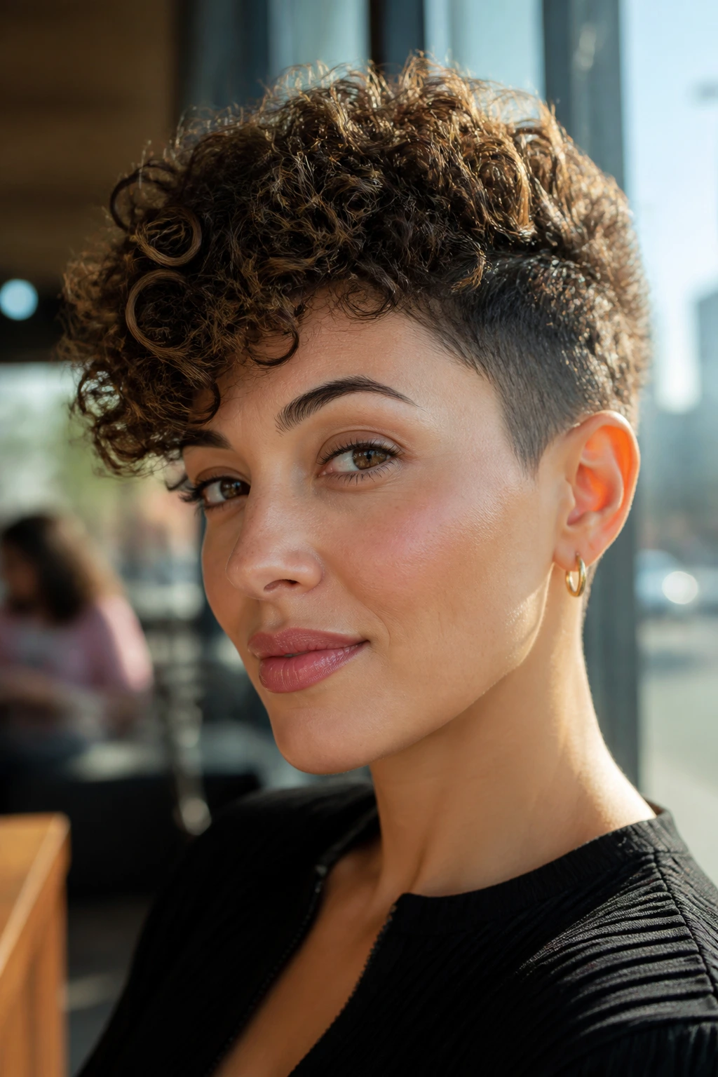 Close-up of a real woman with a pixie-wedge hairstyle in a cafe setting