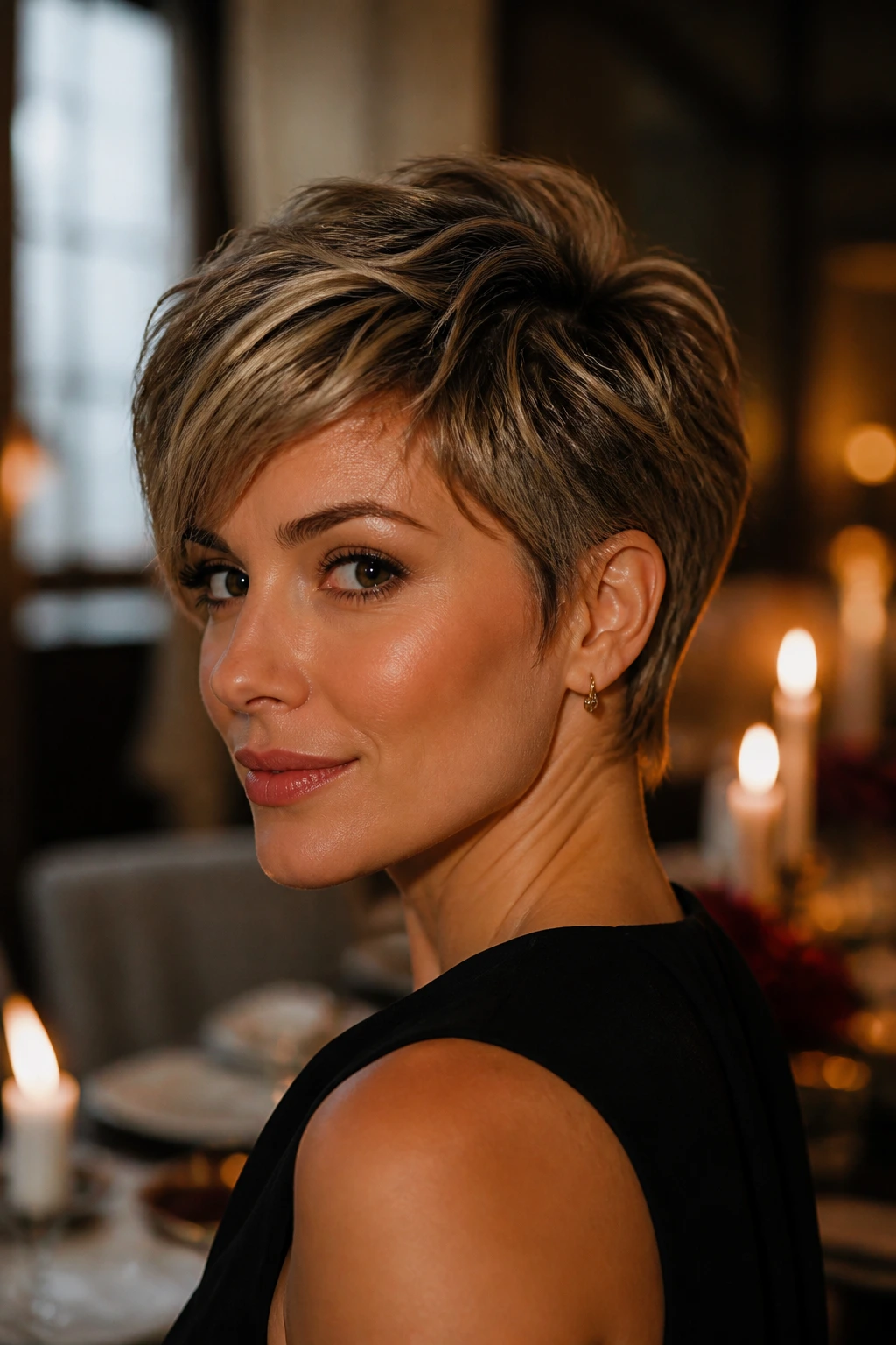 Close-up of a real woman with Soft Tousled Pixie Wedge in candlelit setting