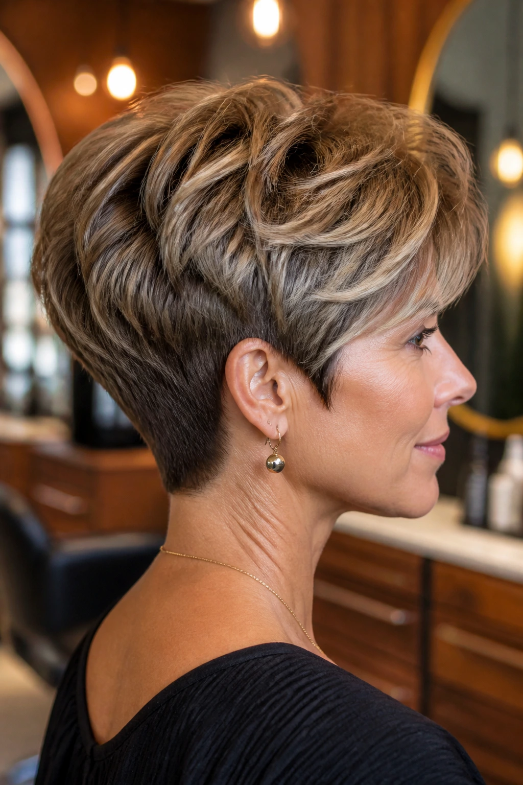 Portrait of a real woman with a pixie wedge cut showing a tapered nape