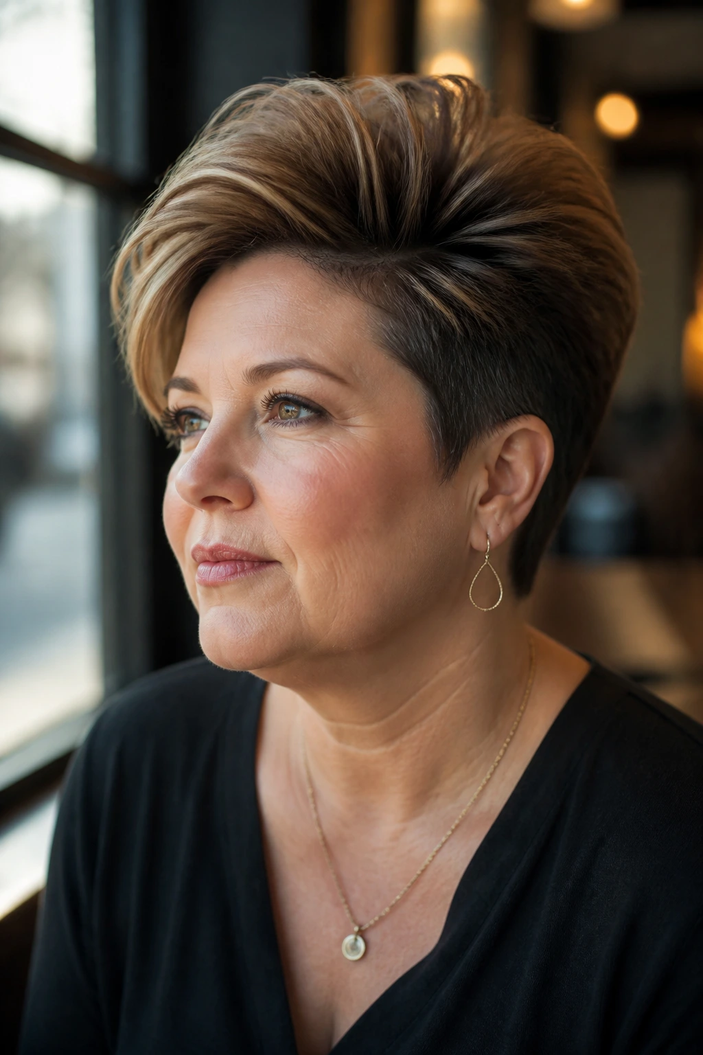 Close-up portrait of a real woman with a pixie wedge and voluminous crown