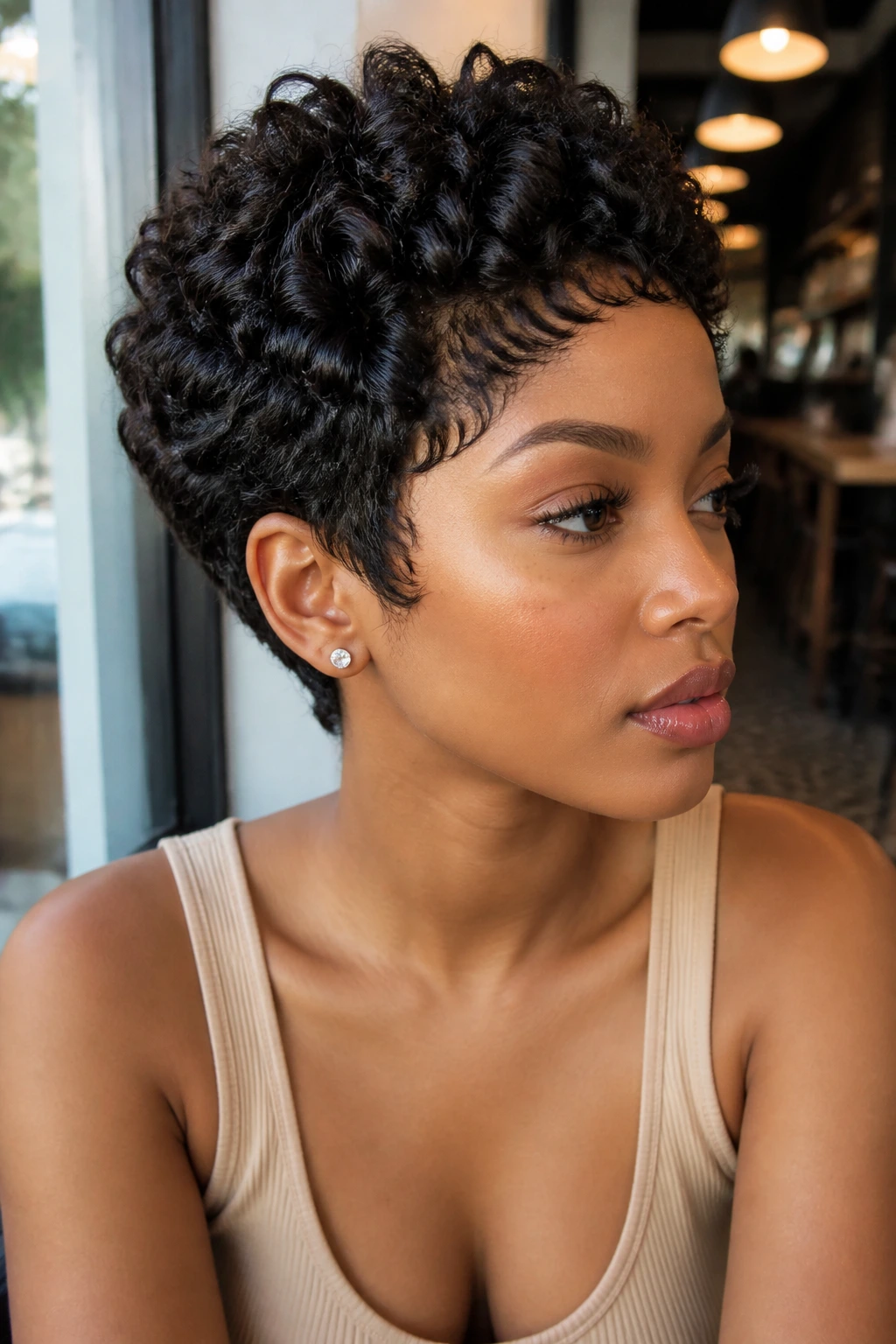 Portrait of woman wearing pixie curl glueless wig with pre-plucked hairline