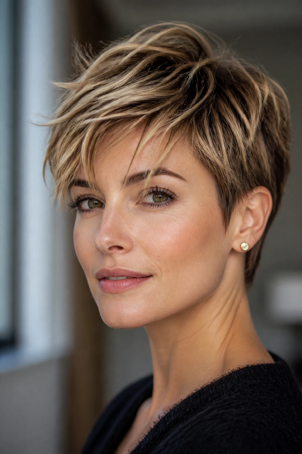 Close-up of a real woman with textured pixie wisps
