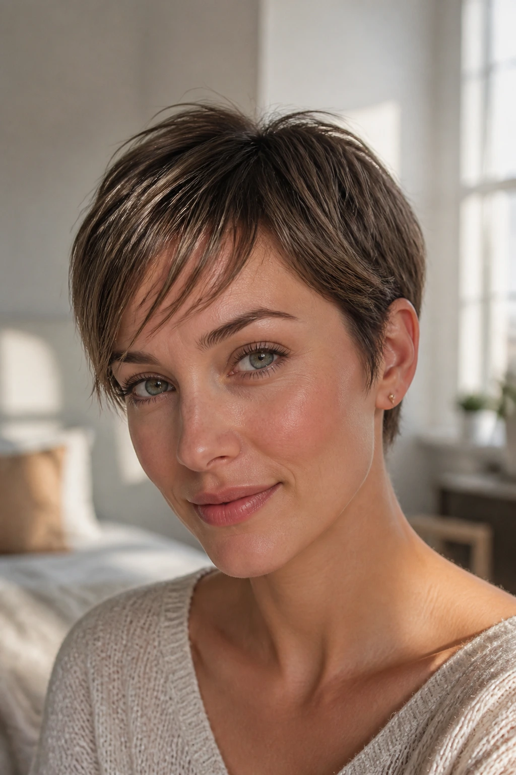 Pixie with wispy side-swept bangs on a real woman