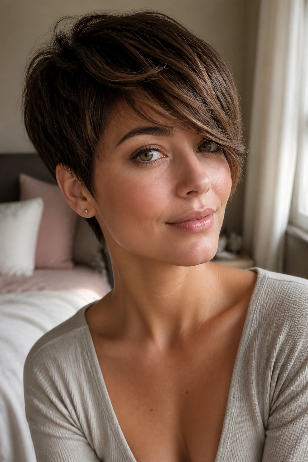 Close-up of a person with a pixie cut and long sweeping bangs.