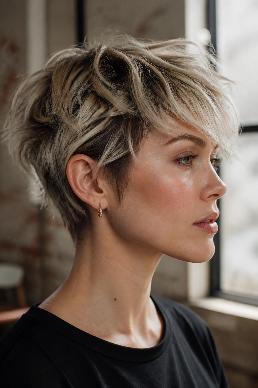 Close-up of a real person with a messy textured crop and platinum balayage in natural light